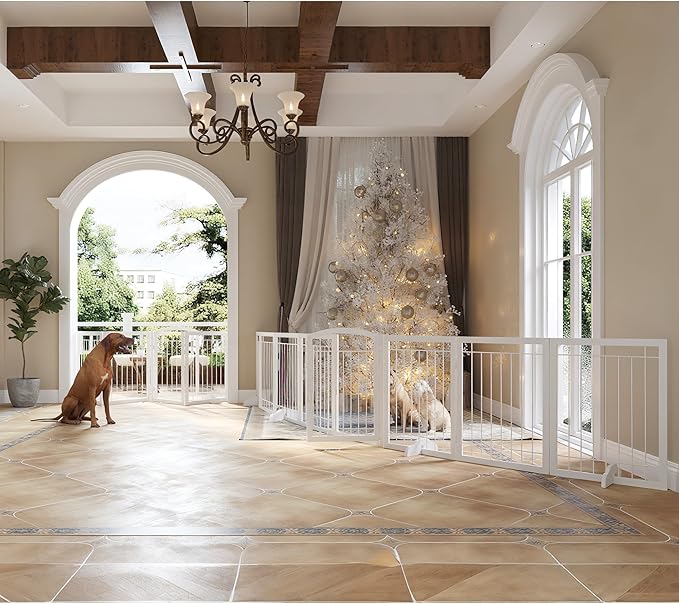 JSB 192-inch Extra Wide 30-inch Tall Dog gate with Door Walk Through,Full Matel Freestanding Pet Gate for Halls, Stairs & Home, Pet Puppy Safety Dog Fence with 4PCS Support Feet (White)