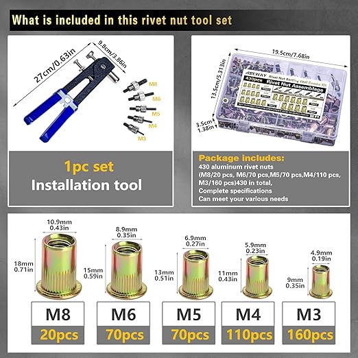 Pressure Rivet Nut Tool Kit, 430Pcs Metric Rivet Nut Combination (M8/M6/M5/M4/M3), Suitable for Furniture, Decoration, Automotive, Marine and Industrial Applications (CarbonSteelRivetNutTool)