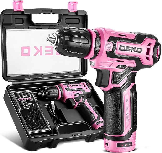 Cordless Drill：DEKOPRO 12V Power Drill Set with Pink 800RPM Electric Drills with Tool Set Gift Box, Pink Drill Set for Women