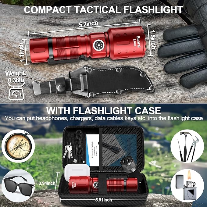 Flashlights High Lumens Rechargeable, 20000 Lumens Super Bright 1500 Meters Long Range Small Powerful Flashlight, 6 Modes LED Tactical Pocket Waterproof Flash Light for Home Emergency (1, Red)