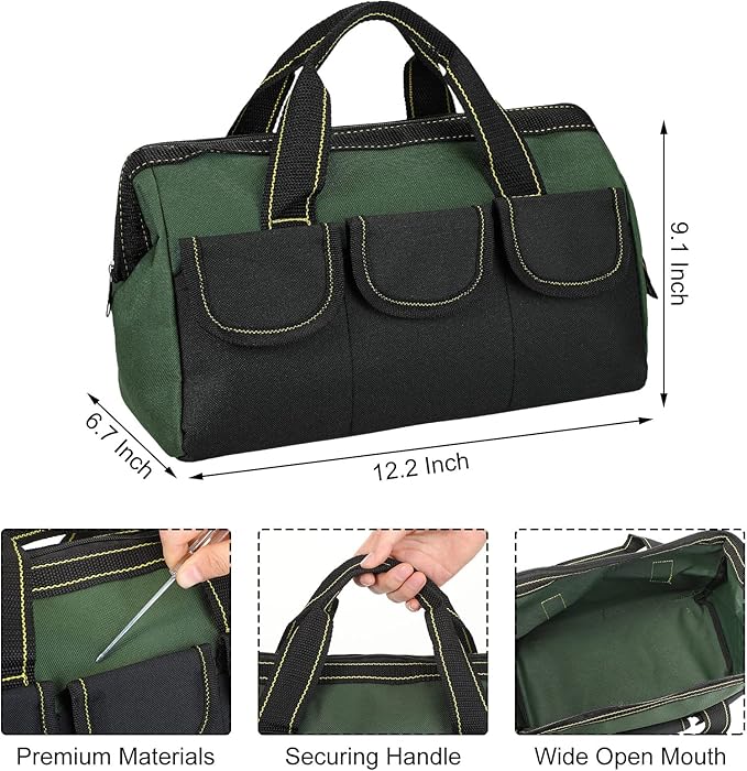 Sanwuta 3 Pack Tool Bag for Men with Waterproof Hard Bottom, Heavy Duty Tool Bag Wide Mouth Tote for Various Instrument, Electrician Carpenter Mechanic(13 Inch,Blue, Yellow, Army Green)