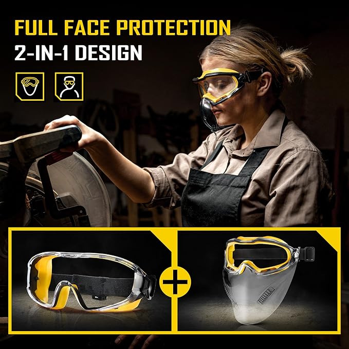 COOLJOB Safety Goggles Over Glasses with Anti-Fog Clear Lens, ANSI Z87.1 Impact Resistance and UV Proof, Adjustable Headband