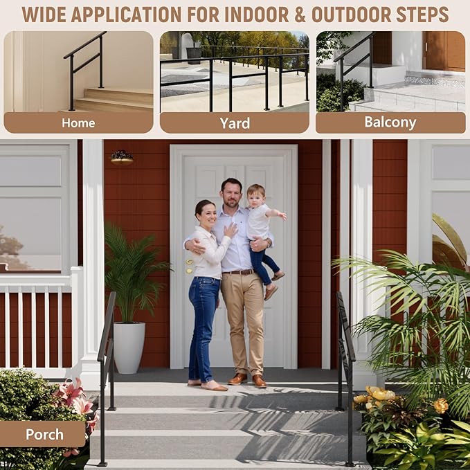 Hand Rails for Outdoor Steps,2-3 Step Railing for Stairs,Adjustable Porch Railing,Hand Rails for Seniors,Outdoor Deck Handrails for Exterior Steps,Black