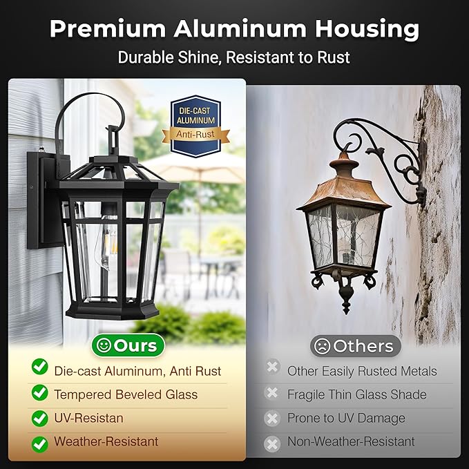 VIANIS Large Outdoor Light Fixture, Black Modern Dusk to Dawn Outside Lighting with Transparent Tempered Glass, Aluminum Waterproof and Anti-Rust Exterior Lighting Fixtures for Porch, Garden, Doorway