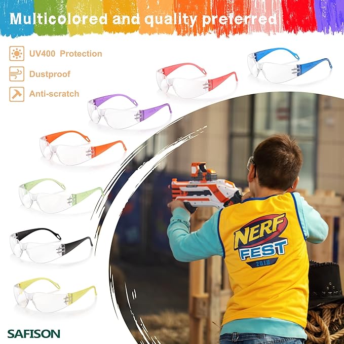 28 Pack Kids Safety Glasses, ANSI Z87.1 Child Size Protective Goggles in 7 Colors, Scratch and Impact Resistant Clear Lens Eyewear with Color Frame for Nerf Party/Science/School Projects