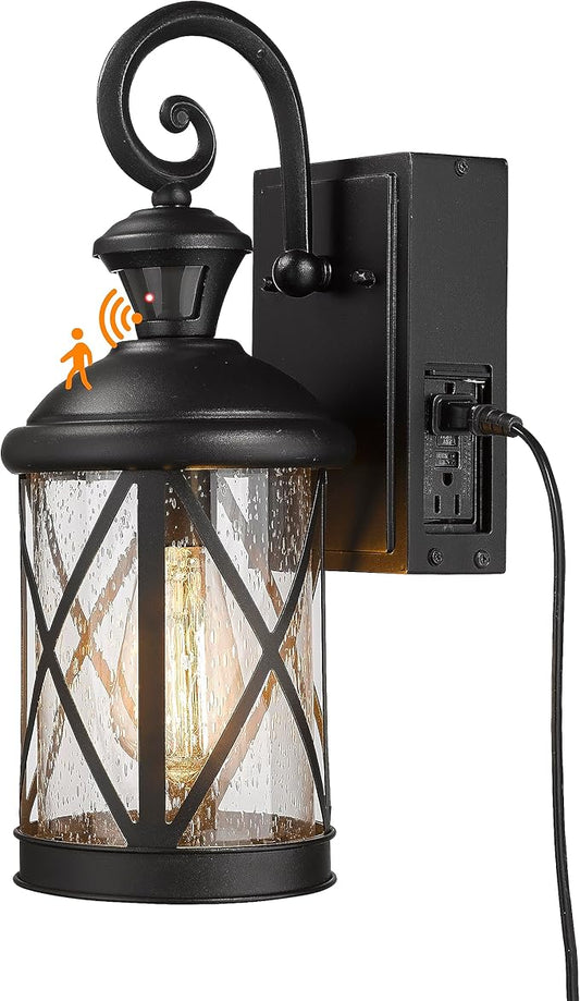 Darkaway Motion Sensor Outdoor Wall Light, Dusk to Dawn Outdoor Porch Light with GFCI Outlet Waterproof Exterior Wall Sconce with Seeded Glass Black Wall Mount Lighting Fixture for House Patio Garage