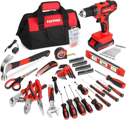 FASTPRO 232-Piece 20V Cordless Lithium-ion Drill Driver & Home Tool Set, Household Repairing Tool Kit with Drill, 12-Inch Wide Mouth Storage Tool Bag, Red