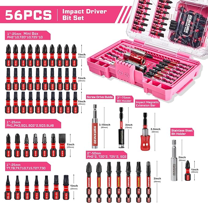 56Pieces Impact Screwdriver Bits Set, Magnetic S2 Steel Phillips/Slotted/Square/Torx Insert Power Bits Tips, Impact Bit Holder with Pink Storage Box Case