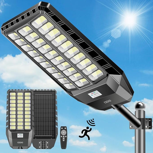 CEDIO Solar Street Lights Outdoor, 9800W Solar Lights Outdoor, 450000 Lumens LED Street Light Waterproof IP67 Dusk to Dawn,LED Flood Light with Motion Sensor (9800W-1PC)