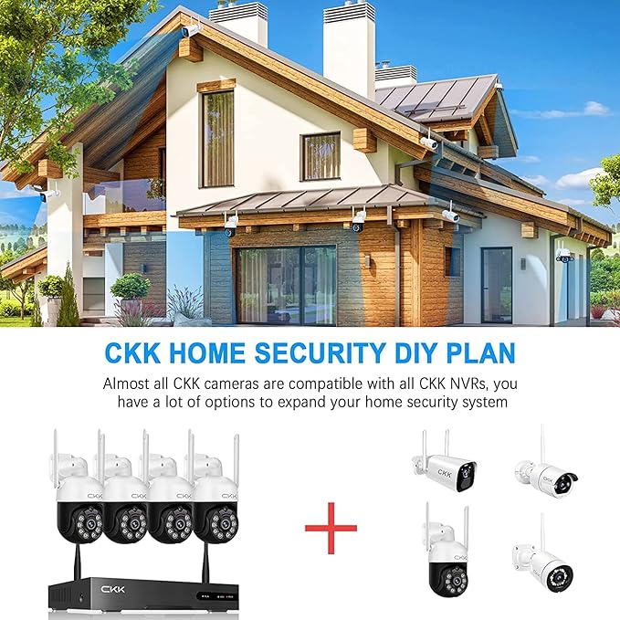 3MP PTZ CKK Cameras, 4pcs Wireless Security Camera System Outdoor with 1TB Hard Drive, 8 Channel 3MP WiFi Surveillance NVR System, 2 Way Audio, Floodlights & Siren Alarm,AI Human Detection