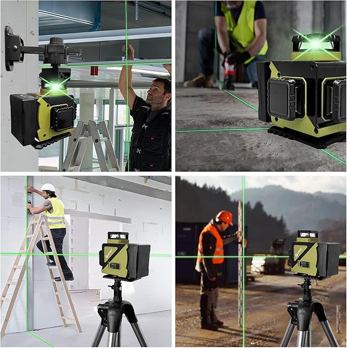 Laser Level 360 Self Leveling, 3x360° Green Cross Line Lazer Leveler Tool for Construction and Picture Hanging, 3D 12 Lines Laser with 2*3600mAh Rechargeable Battery Magnetic Rotating Bracket