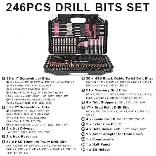 COMOWARE 246 Pcs Drill Bit Set for Cordless Drill, Drill Driver Bit Set for Wood, Metal, Masonry, Cement and Screwdriver Bits Set Combo Kit, Pink Case