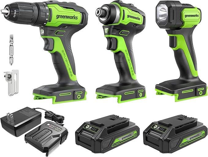 Greenworks 24V Brushless 3 pcs Cordless Power Tool Combo Kit, Include 310 in./lbs Drill, 1950 in./lbs Impact Driver, Flashlight, 2 x 2Ah Batteries and Charger