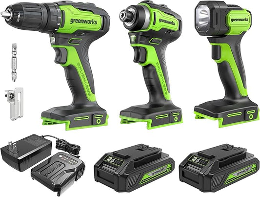 Greenworks 24V Brushless 3 pcs Cordless Power Tool Combo Kit, Include 310 in./lbs Drill, 1950 in./lbs Impact Driver, Flashlight, 2 x 2Ah Batteries and Charger