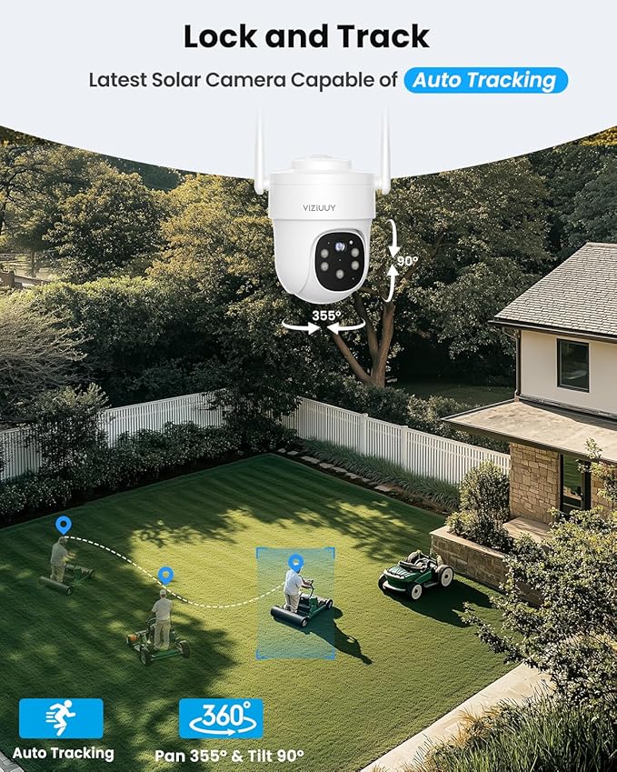 AOV Security Camera, 24H Continuous Recording Security Cameras Wireless Outdoor, WiFi 6, 2K Solar-Powered Cameras for Home Security with 360° PTZ, Auto Tracking, 32G Local Storage(Included)