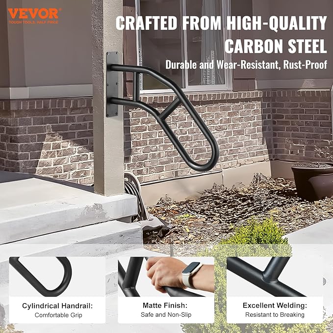 VEVOR Handrails for Outdoor Steps, 32" Length Wall Mount Safety Railings for 1-3 Steps, U-Shaped Handrail with Matte Black Finished, Stair Handrails for Kids, Elderly, Pregnant Women, Disabled