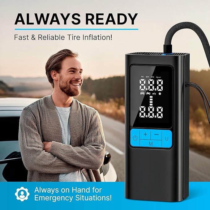 Portable Air Compressor 150PSI, Tire Inflator with Digital Display & Auto Stop, Cordless Air Pump for Car Tires, Motorcycle, Bike, Ball - Battery-Powered Air Compressor for Car Accessories
