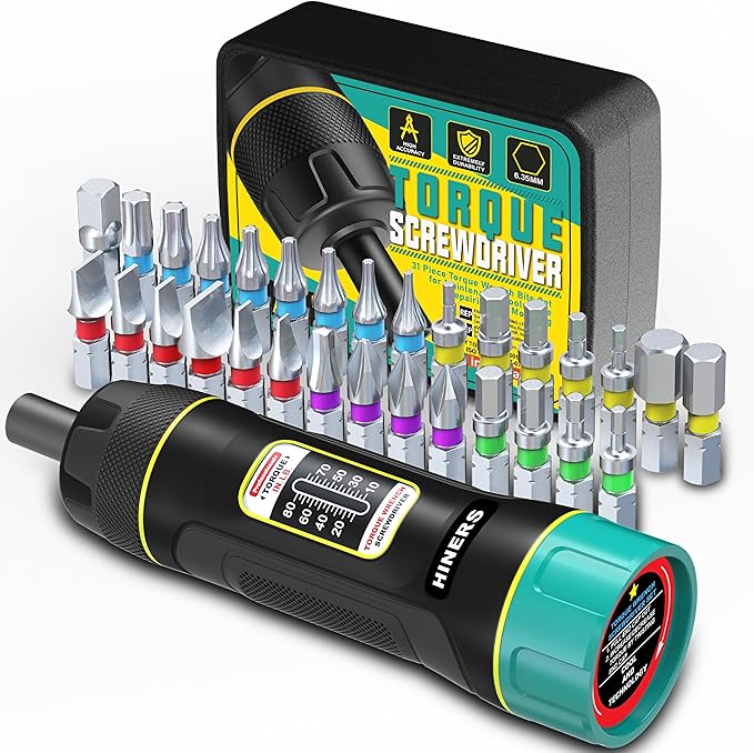 31 Piece Torque Screwdriver Wrench Driver Set 1/4" 10-80 Inch Pounds lbs with 30pcs S2 Bits for Maintenance, Tools, Bike Repairing and Mounting