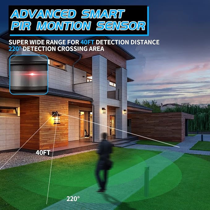 Motion Sensor Outdoor Wall Lights Fixture, Advanced Dusk to Dawn Exterior Lighting, Outside Light for House, Garage, Anti-Rust Waterproof Front Porch Lanterns Fixtures Wall Mount, Seeded Glass, Black