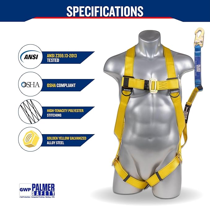 Palmer Safety Safety Harness w/Detachable 6 ft Lanyard I Single Leg Lanyard w/Internal Shock Absorbing & Snap Hook