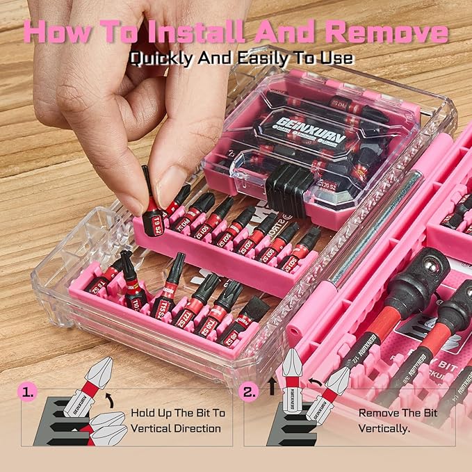 55Pieces Impact Screwdriver Bits Set, Magnetic S2 Steel Phillips/Slotted/Square/Torx Insert Power Bits Tips, Impact Bit Holder and Impact Socket Adapter with Pink Storage Box Case
