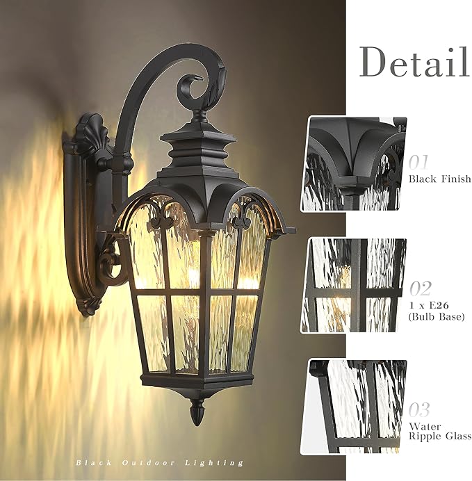 Emliviar Porch Outdoor Wall Lantern, Vintage Wall Mount Light Fixture with Water Ripple Glass, Matte Black Carriage Light for Yard, Barn, Patio, WE215BM-SW BK