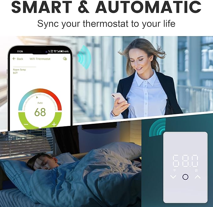 MAXKOSKO 4Pcs WiFi Smart Thermostat for Electric Floor Warming System with Touchscreen LED Display 120V/240V, Easy Connection & Energy Saving Home Programmable White Thermostat