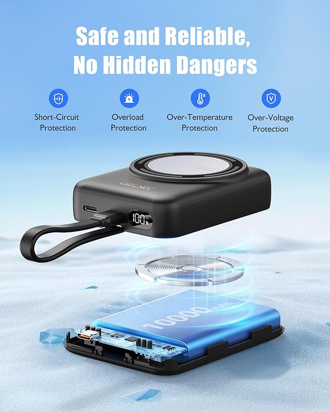 Magnetic Portable Charger 10000mAh, Wireless Mag-Safe Power Bank, 22.5W Fast Charging Power Bank, Compatible with iPhone Series, Android Devices, Compact and Lightweight for Short Travel-Black
