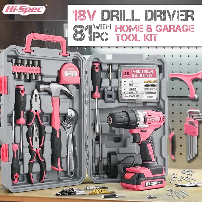Hi-Spec 81pc Pink 18V Cordless Power Drill Driver.Complete Home & Garage Hand Tool Kit Set for DIY