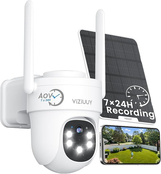 AOV Security Camera, 24H Continuous Recording Security Cameras Wireless Outdoor, WiFi 6, 2K Solar-Powered Cameras for Home Security, 360° PTZ, Auto Tracking, 512G Local Storage(Not Include)