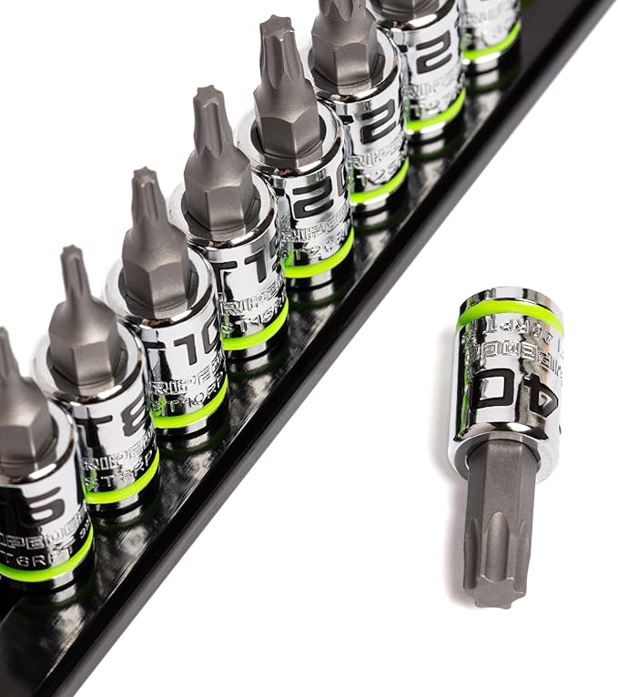 GRIPEDGE Tools | 9PC RPT Star Driver Set | Sizes T6 - T40 | 1/4'' Drive | Made With S2 Steel | Includes Premium Aluminum Socket Rail |