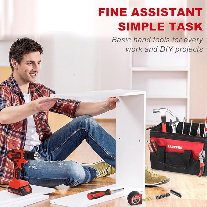 FASTPRO 232-Piece 20V Cordless Lithium-ion Drill Driver & Home Tool Set, Household Repairing Tool Kit with Drill, 12-Inch Wide Mouth Storage Tool Bag, Red