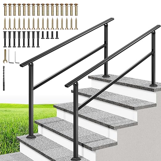 VIVOHOME 2-Pack 5 Step Hand Rails for Outdoor Steps, Galvanized Steel Railing, Black Oval Exterior Hand Railing for Porch, Deck, or Indoor Stairs, Railing Kit