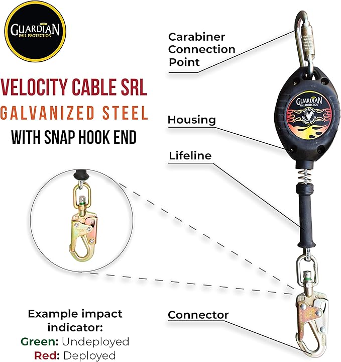 Guardian 42000 Velocity Class 1 Cable Self-Retracting Lifeline (SRL) with Carabiner | 16 ft | Class 1 | ANSI and OSHA Compliant