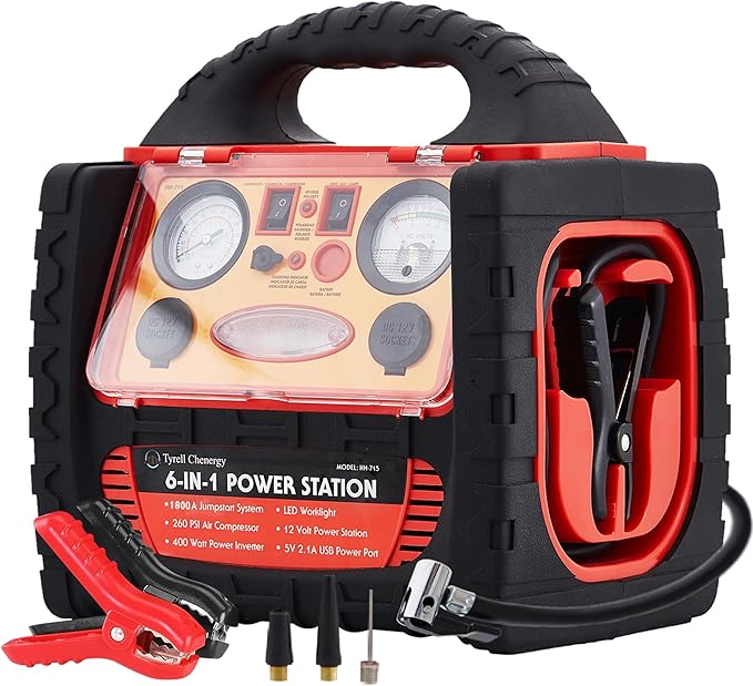 1800 Amp Car Jump Starter with Air Compressor,Portable Power Station with 260 PSI Tire Inflator,400W Power Inverter Dual AC/DC Ports,2.1A USB Port,Battery Clamps