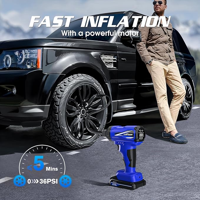 CARSUN Tire Inflator Portable Air Compressor, Cordless Car Tire Pump with Rechargeable Li-ion Battery 150PSI Portable Handheld Air Pump with Digital Pressure Gauge for Car Tires, Bicycles, Balls, Blue