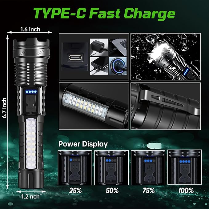 Rechargeable LED Flashlight High Lumens, High Lumens Super Bright Handheld Flashlight with 7 Modes, Zoomable, Waterproof, USB-C Charging, Tactical Flashlight for Home, Emergency, Camping, 2 Pack