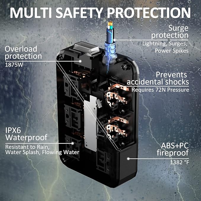IPX6 Outdoor Power Strip Weatherproof, Waterproof Surge Protector with 6 Wide Outlet with 3 USB Ports, 6FT Long Extension Cord, Wall Mountable for Outside Decorations and More UL Listed(Black)