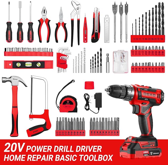Red Drill Tool Kit Set: 20V Cordless Power Drill Tool Box with Battery Electric Drill Driver for Men Home Hand Repair Basic Toolbox Tools Sets Drills Case
