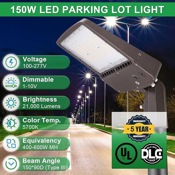 150W LED Parking Lot Light, 5700K 21000LM LED Shoebox Area Light [600W MH/HPS Equiv.], 0-10V Dimmable Outdoor Pole Flood Lights with Slip Mount, IP65 20KV Surge Protection AC100-277V UL&DLC Listed