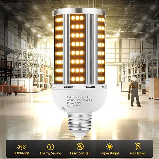 35W 6 pack LED Corn Light Bulb 3000K,(300W Equivalent ) Commercial Grade warm white E26/E39 5000LM Medium Mogul Base LED Lamp,Large Area Lights For Outdoor Indoor Garage Warehouse Factory Bay Light
