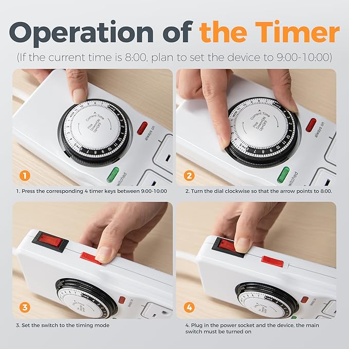 TESSAN 8 Outlets Power Strip with Timer (4 Sockets Timed, The Others Always On), 4 FT Extension Cord with Multiple Outlets, 900J Timer Surge Protector Power Strip with Switch for Plant Aquarium Light
