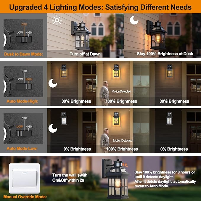 Motion Sensor Outdoor Light Fixtures 2-Pack Upgraded, Anti-Rust Aluminum Outdoor Sconces Front Porch Lights Black Exterior Light Fixtures Dusk to Dawn Outside Lights House, ETL Certified