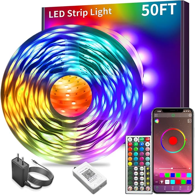 KSIPZE Led Lights for Bedroom 50ft Led Strip Lights with Remote RGB Color Changing Music Sync Bluetooth Smart App Control for Room Bedroom Lighting Flexible Home Décor