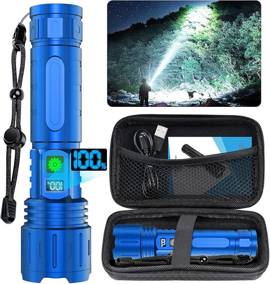 Flashlights High Lumens Rechargeable - 1500 Meters Long Beam Super Bright LED Flash Light with Power Display & IPX5 Waterproof for Camping, 20H Runtime,5 Modes,Zoomable Handheld Flashlight-Blue