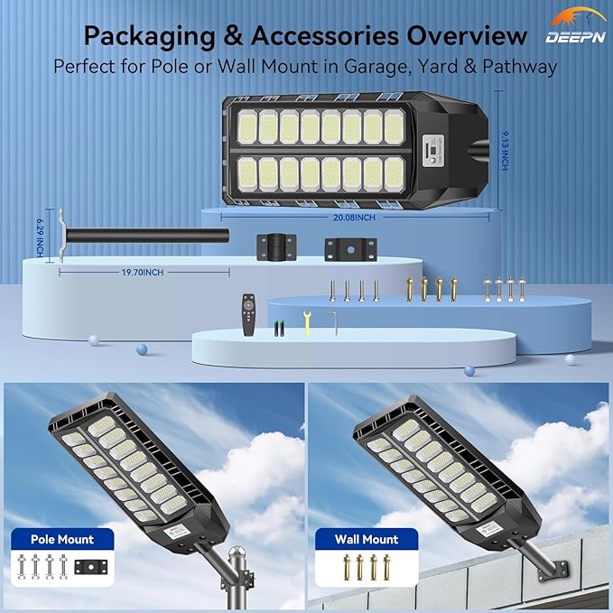 Deepn Solar Lights Outdoor 8000W, Solar Street Lights Outdoor IP67 Waterproof, 480 LED Security Flood Light 7000K Street Light 300000LM with Motion Sensor & Dusk to Dawn for Outside, Pathway&Yard