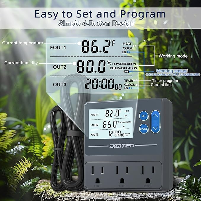 DIGITEN Reptile Temperature and Humidity Controller with Timer, Day-Night Function Thermostat, 3-Stage Outlet Plug in Temperature Controller for Reptile, Mushroom, Homebrew