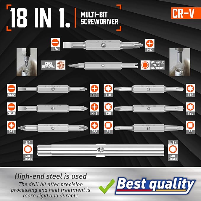 Amartisan 18-in-1 Multi-bit Screwdriver Set Tool All in One, Portable Multi-Purpose Screwdriver, Slotted/Philips/Pozi/Torx/Square,Nut Driver