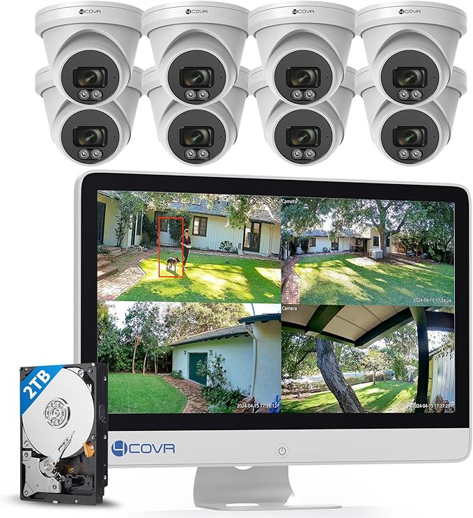 4COVR 8MP Security Camera System with Monitor & AI Human Vehicle Detection, 8 Channel H.265 NVR with 2TB HDD, 8Pcs 8MP IP67 PoE IP Dome Camera Night Vision with Mic, 24/7 Recording, LY97SA8MU808