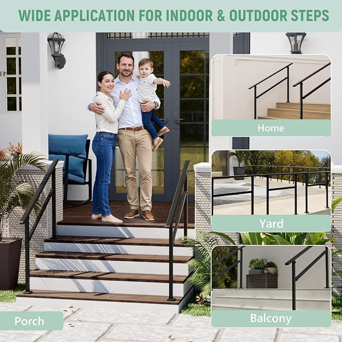 2 Pack Hand Rails for Outdoor Steps,3-4 Step Railing for Stairs,Adjustable Porch Railing,Hand Rails for Seniors,Outdoor Deck Handrails for Exterior Steps,Black